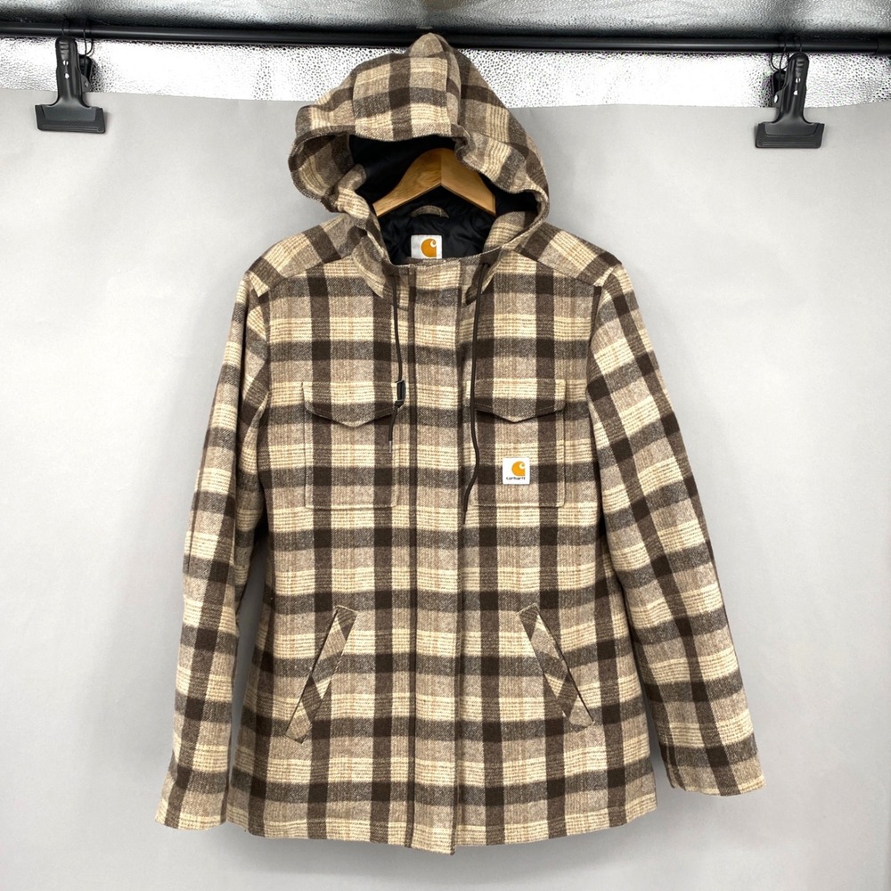 Carhartt Plaid Wool Blend Hooded Jacket Women Size M 8/10 Brown Quilted Coat